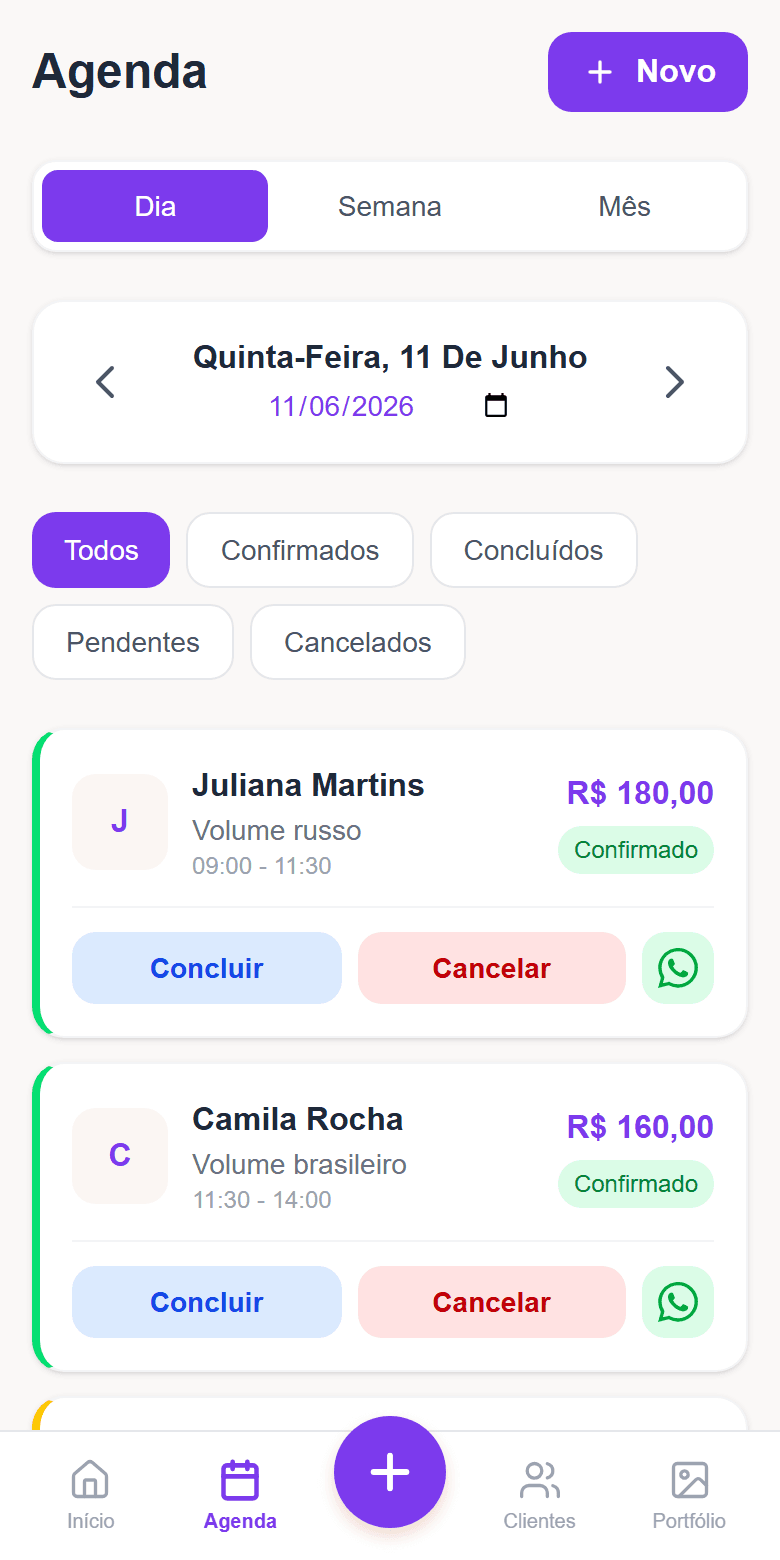 Agenda do dia no Cílios Express: horários, serviços e valores de cada atendimento