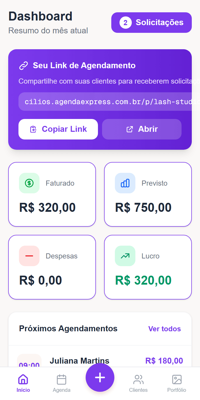 Painel do Cílios Express: faturado e previsto do mês, link de agendamento
