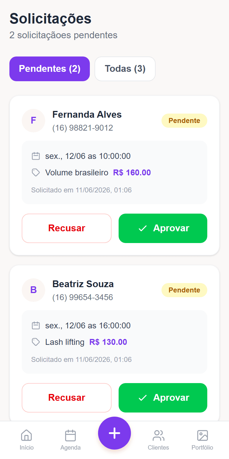 Tela de solicitações do Cílios Express: pedido de horário com botão Aprovar